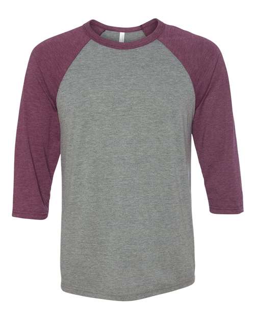 BELLA + CANVAS Unisex Three-Quarter Sleeve Baseball Tee 3200 - Grey/ Maroon Triblend