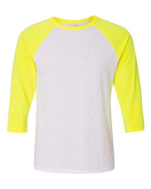 BELLA + CANVAS Unisex Three-Quarter Sleeve Baseball Tee 3200 - White/ Neon Yellow
