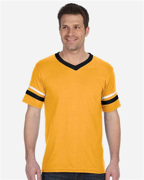 Augusta Sportswear V-Neck Jersey with Striped Sleeves 360 - Gold/ Black/ White