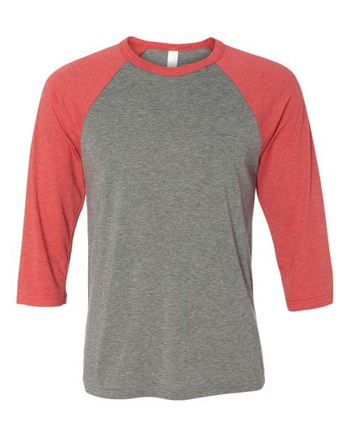 BELLA + CANVAS Unisex Three-Quarter Sleeve Baseball Tee 3200 - Grey/ Red Triblend