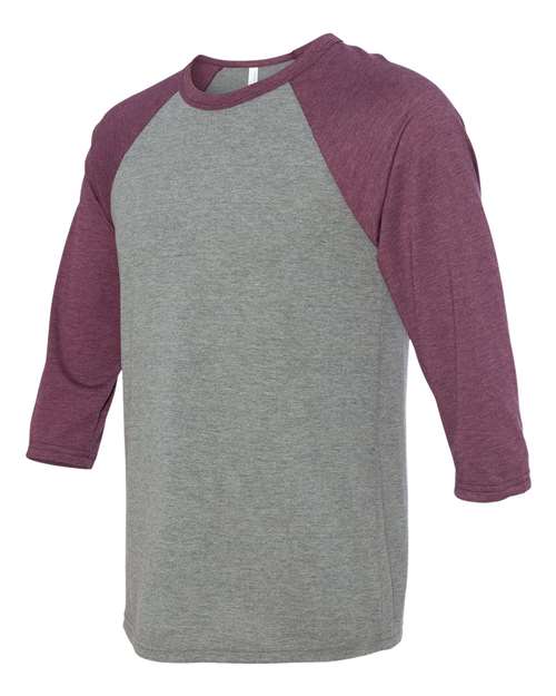 BELLA + CANVAS Unisex Three-Quarter Sleeve Baseball Tee 3200 - Grey/ Maroon Triblend