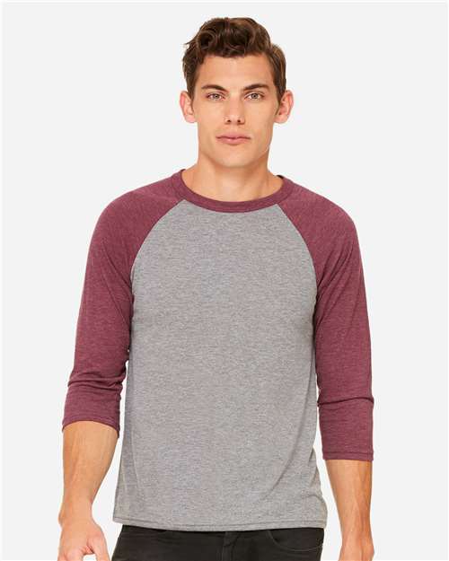 BELLA + CANVAS Unisex Three-Quarter Sleeve Baseball Tee 3200 - Grey/ Maroon Triblend