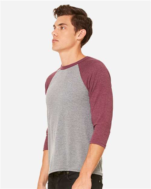 BELLA + CANVAS Unisex Three-Quarter Sleeve Baseball Tee 3200 - Grey/ Maroon Triblend