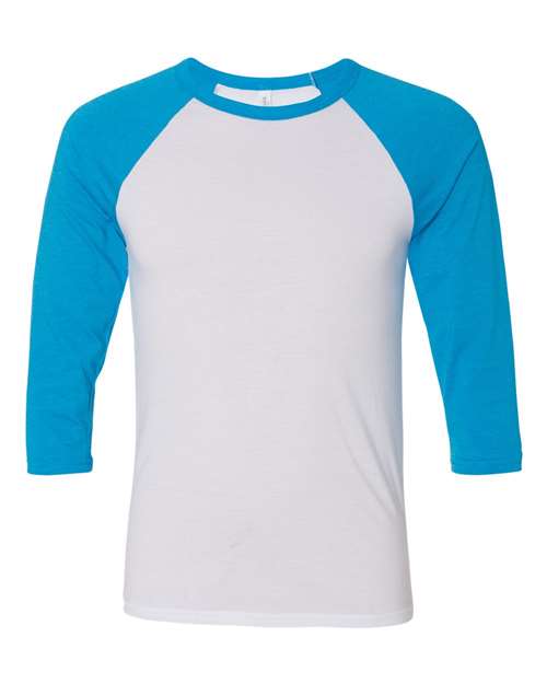 BELLA + CANVAS Unisex Three-Quarter Sleeve Baseball Tee 3200 - White/ Neon Blue