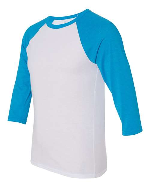 BELLA + CANVAS Unisex Three-Quarter Sleeve Baseball Tee 3200 - White/ Neon Blue