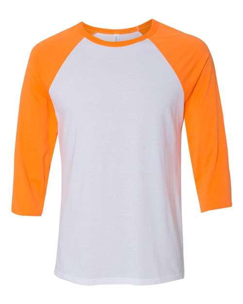 BELLA + CANVAS Unisex Three-Quarter Sleeve Baseball Tee 3200 - White/ Neon Orange