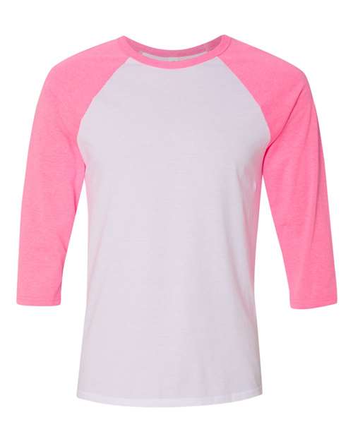 BELLA + CANVAS Unisex Three-Quarter Sleeve Baseball Tee 3200 - White/ Neon Pink