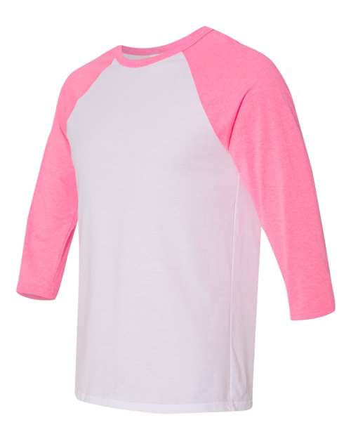 BELLA + CANVAS Unisex Three-Quarter Sleeve Baseball Tee 3200 - White/ Neon Pink