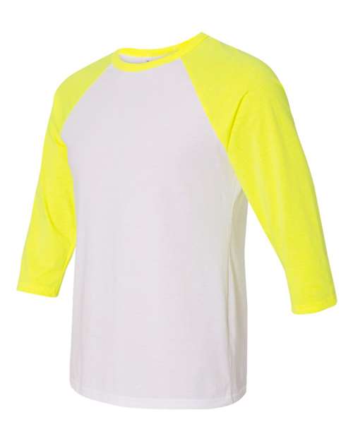 BELLA + CANVAS Unisex Three-Quarter Sleeve Baseball Tee 3200 - White/ Neon Yellow