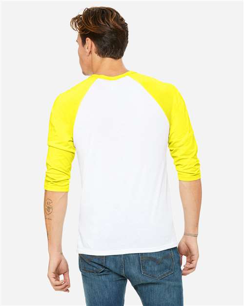 BELLA + CANVAS Unisex Three-Quarter Sleeve Baseball Tee 3200 - White/ Neon Yellow
