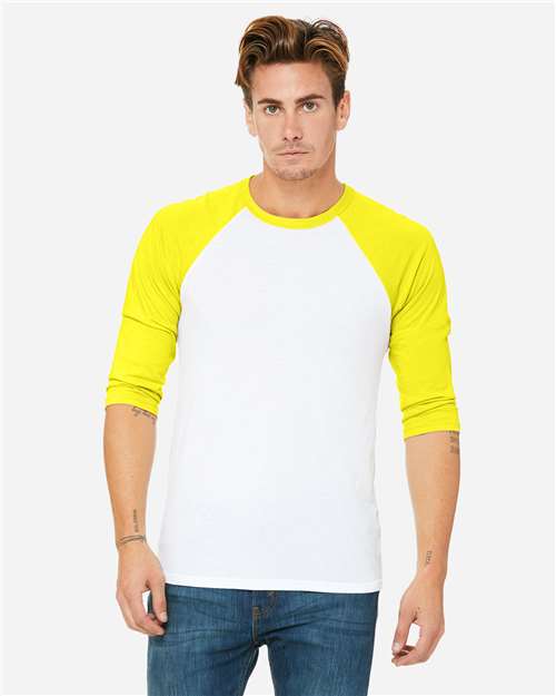 BELLA + CANVAS Unisex Three-Quarter Sleeve Baseball Tee 3200 - White/ Neon Yellow
