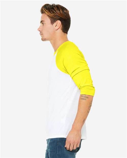 BELLA + CANVAS Unisex Three-Quarter Sleeve Baseball Tee 3200 - White/ Neon Yellow