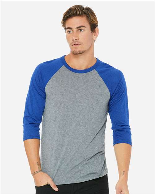 BELLA + CANVAS Unisex Three-Quarter Sleeve Baseball Tee 3200 - Grey/ True Royal Triblend