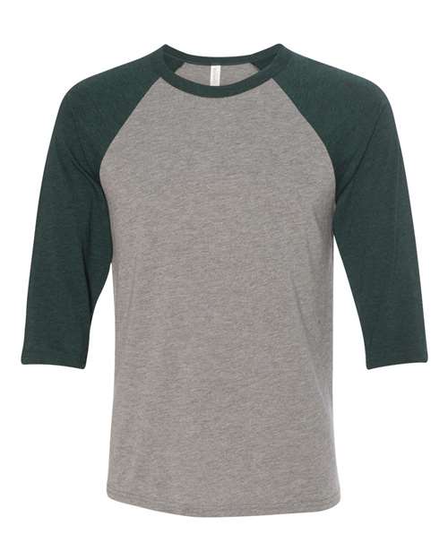 BELLA + CANVAS Unisex Three-Quarter Sleeve Baseball Tee 3200 - Grey/ Emerald Triblend