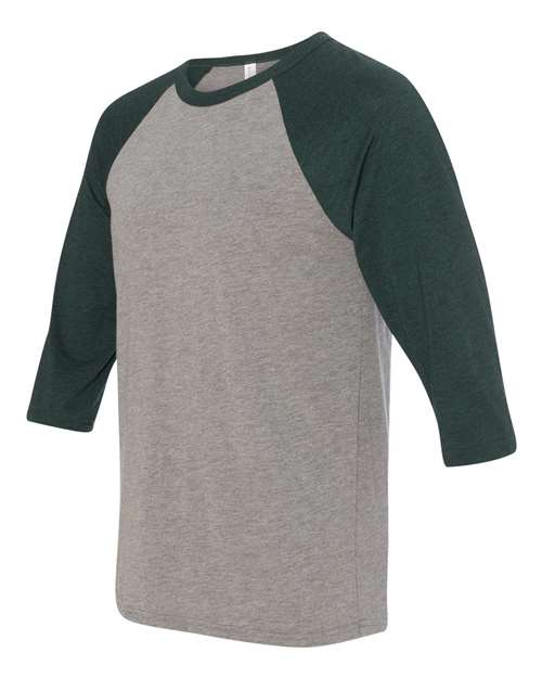 BELLA + CANVAS Unisex Three-Quarter Sleeve Baseball Tee 3200 - Grey/ Emerald Triblend