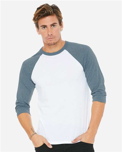 BELLA + CANVAS Unisex Three-Quarter Sleeve Baseball Tee 3200 - White/ Denim