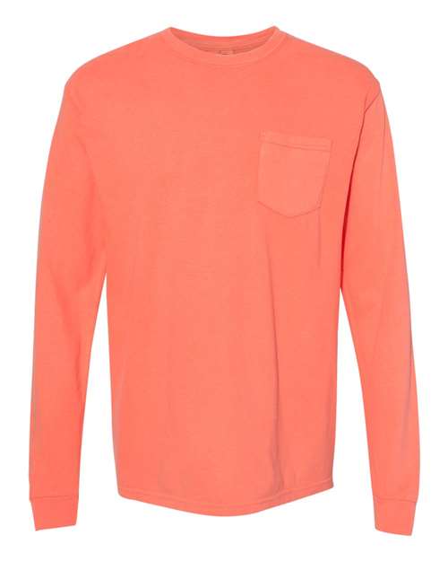 Comfort Colors Unisex Garment-Dyed Heavyweight Long Sleeve Pocket T-Shirt 4410 - Bright Salmon
