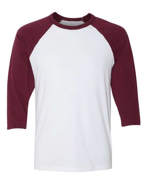 BELLA + CANVAS Unisex Three-Quarter Sleeve Baseball Tee 3200 - White/ Maroon
