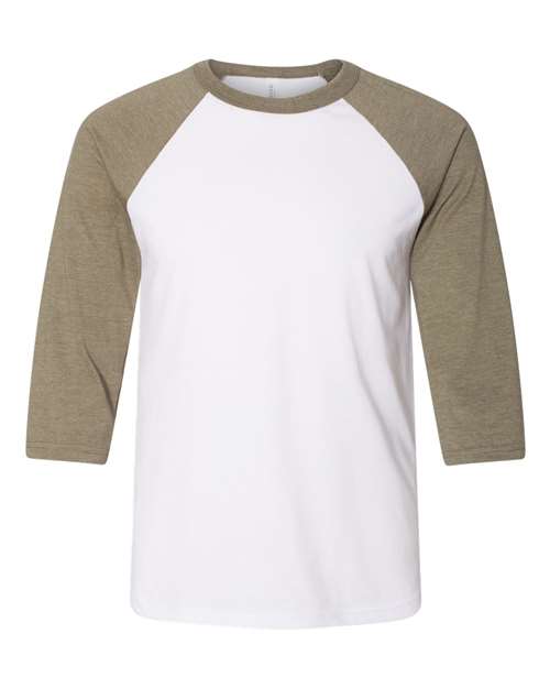 BELLA + CANVAS Unisex Three-Quarter Sleeve Baseball Tee 3200 - White/ Heather Olive