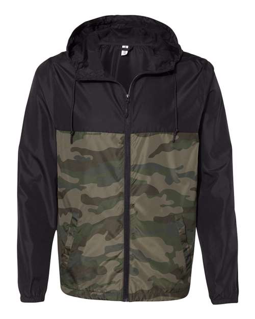 Independent Trading Co. Men's Lightweight Windbreaker Full-Zip Jacket EXP54LWZ - Black/ Forest Camo