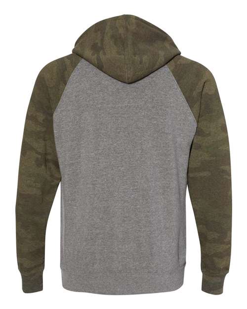 Independent Trading Co. Unisex Special Blend Raglan Hooded Sweatshirt PRM33SBP - Nickel Heather/ Forest Camo