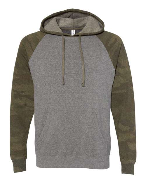 Independent Trading Co. Unisex Special Blend Raglan Hooded Sweatshirt PRM33SBP - Nickel Heather/ Forest Camo
