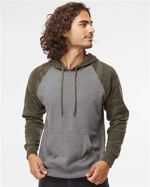 Independent Trading Co. Unisex Special Blend Raglan Hooded Sweatshirt PRM33SBP - Nickel Heather/ Forest Camo