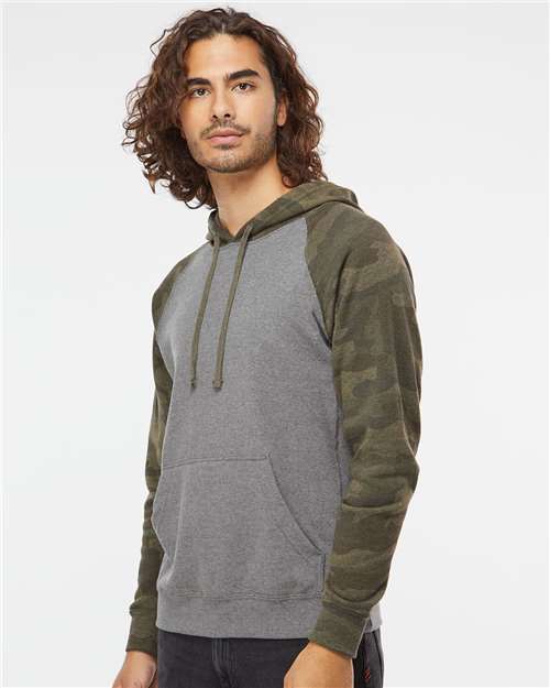 Independent Trading Co. Unisex Special Blend Raglan Hooded Sweatshirt PRM33SBP - Nickel Heather/ Forest Camo
