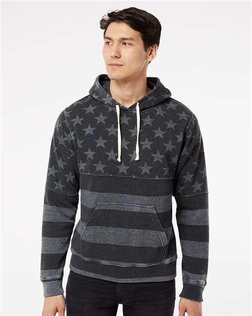 J. America Men's Triblend Fleece Hooded Sweatshirt 8871 - Black Stars & Stripes Triblend